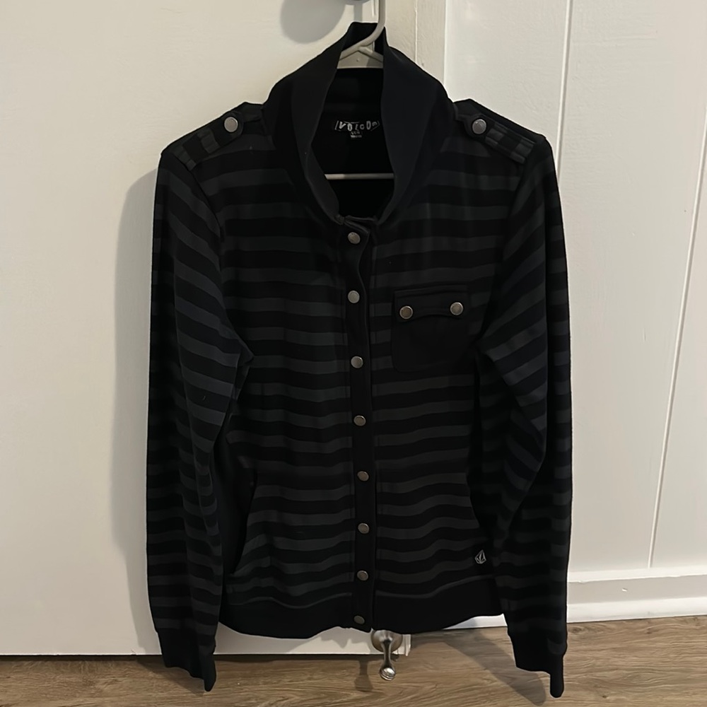 Volcom Button Down Sweatshirt Black And Gray Stri… - image 1